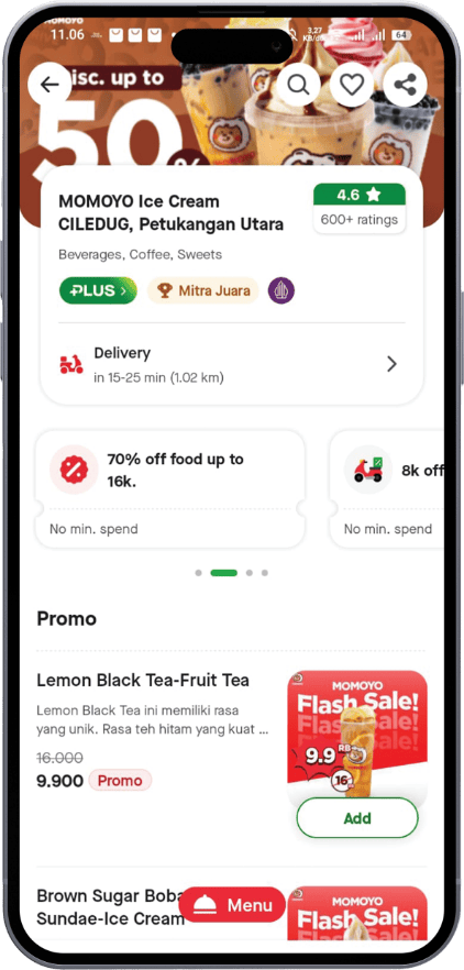tangkapan layar Gojek yang menampilkan sebuah outlet momoyo yang dapat dipesan secara daring