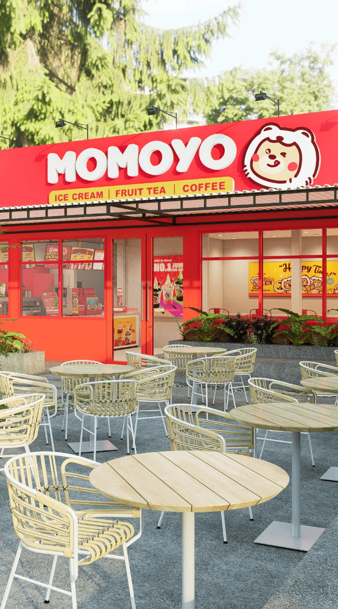 tampilan outdoor outlet momoyo. bangunan outlet didominasi warna merah dan terdapat tulisan momoyo warna putih. 