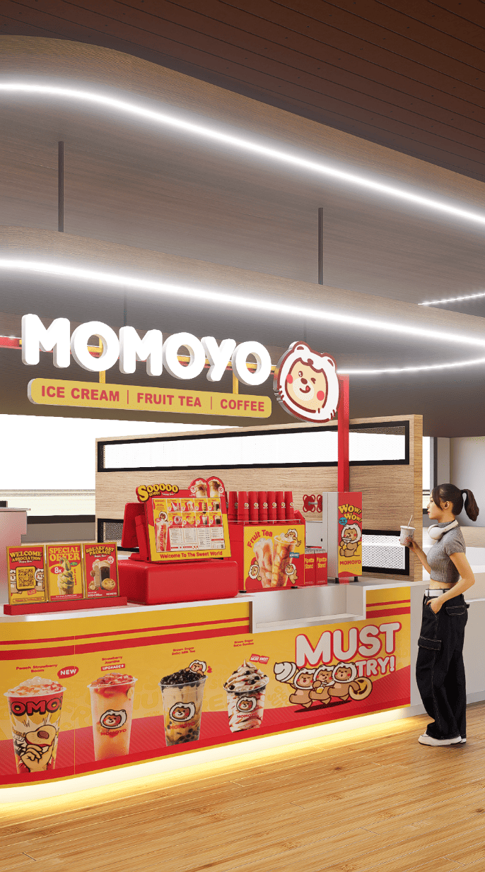 tampilan utama stall outlet momoyo, dengan display tulisan Momoyo dan menampilkan seluruh menu.