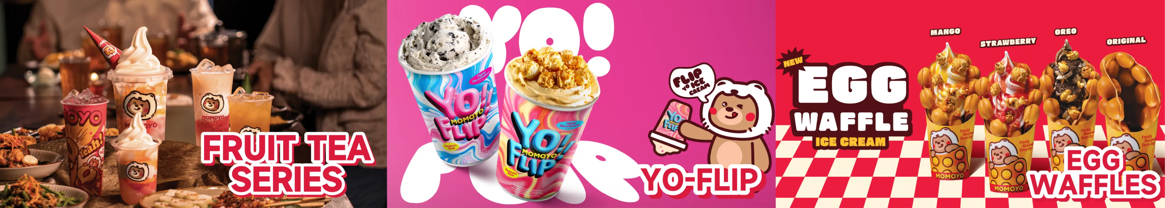 varian produk moomoyo, di antaranya fruit tea series, yo-flip, dan egg waffles
